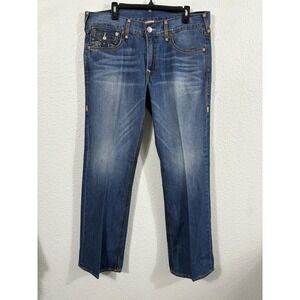 True Religion Jeans Mens 36x34 Blue Boot Cut Brand Jeans Flap Pockets USA Thick